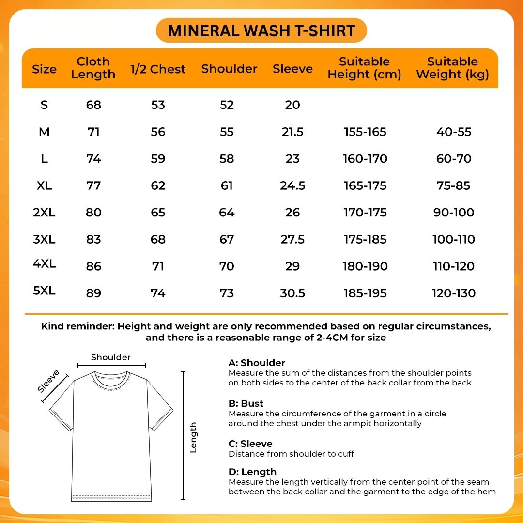 Mineral Wash T Shirt Size Chart - Claymore Merch